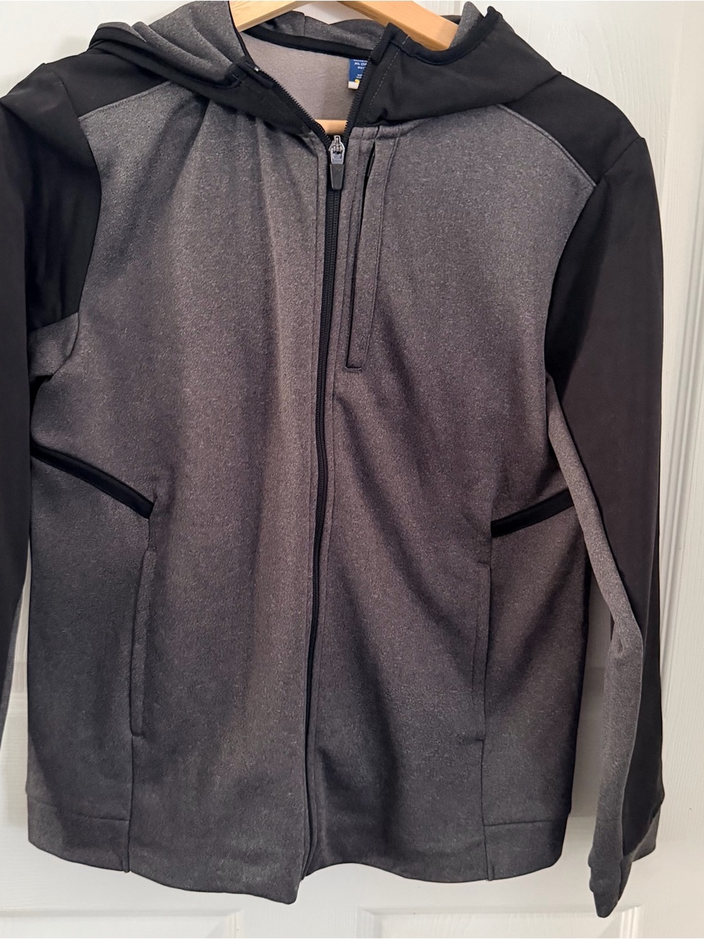 Old Navy Boys Gray and Black Hooded Zip Jacket Techie Fleece